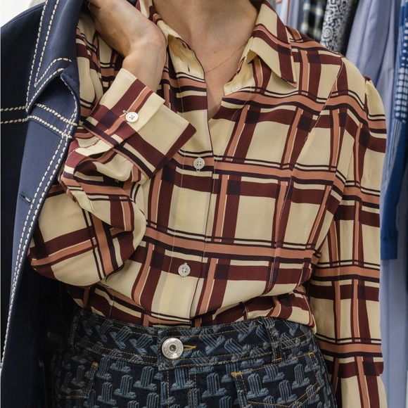 Marni Cream Plaid Silk Blouse - Picture 1 of 13